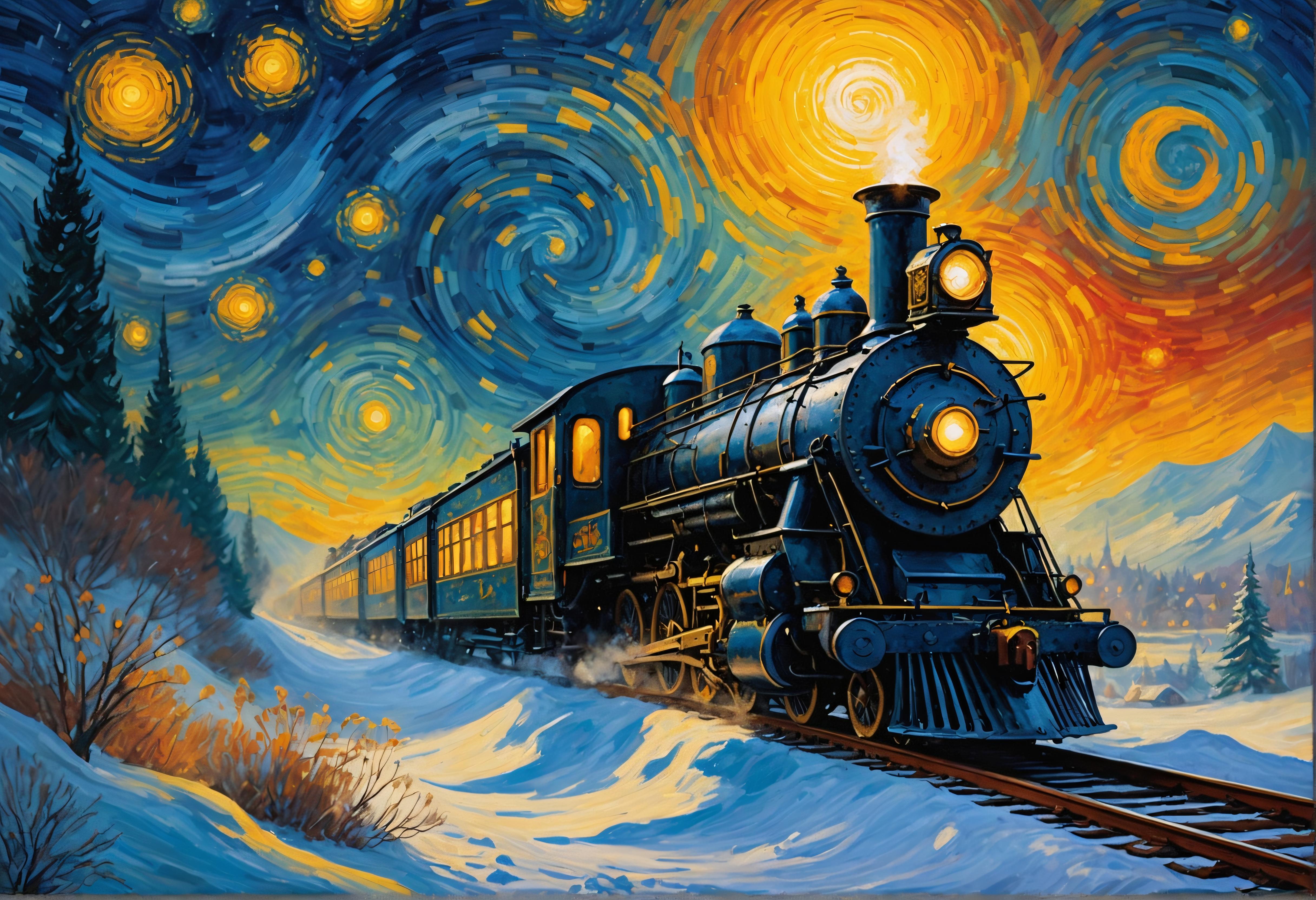 Cette image captivante met en scène un train à vapeur classique traversant un paysage enneigé sous un ciel rempli de motifs tourbillonnants, ressemblant à des motifs célestes. Les couleurs vives et les textures détaillées sont le résultat de l'outil 'Upscale', qui améliore les images tout en préservant leur essence originale, le rendant idéal pour ceux qui souhaitent sublimer leur contenu visuel.