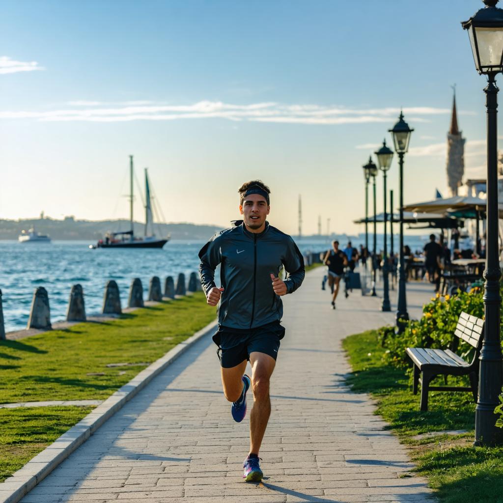 This image showcases a young man jogging along a scenic waterfront path, with a clear sky overhead and boats moored in the distance. The runner is dressed in athletic gear, indicating the image's potential for fitness and lifestyle themes. The 'Stable Diffusion Ultra image generator' has been used to create this visually appealing scene, which may feature in content related to outdoor activities, fitness, and lifestyle photography.