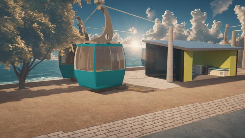 Cette image met en scène un cadre paisible de plage avec un système moderne de téléphérique, présentant deux voitures turquoise à fenêtres transparentes suspendues au-dessus d'un sentier sablonneux. L'horizon est dominé par un soleil radieux, et la scène est complétée par un charmant kiosque jaune et bleu. L'outil 'Remplacer l'arrière-plan' de Stable Assistant a été utilisé pour intégrer de manière fluide cet environnement côtier tranquille, démontrant la capacité de l'outil à fusionner différents éléments en une scène cohérente et visuellement attrayante.