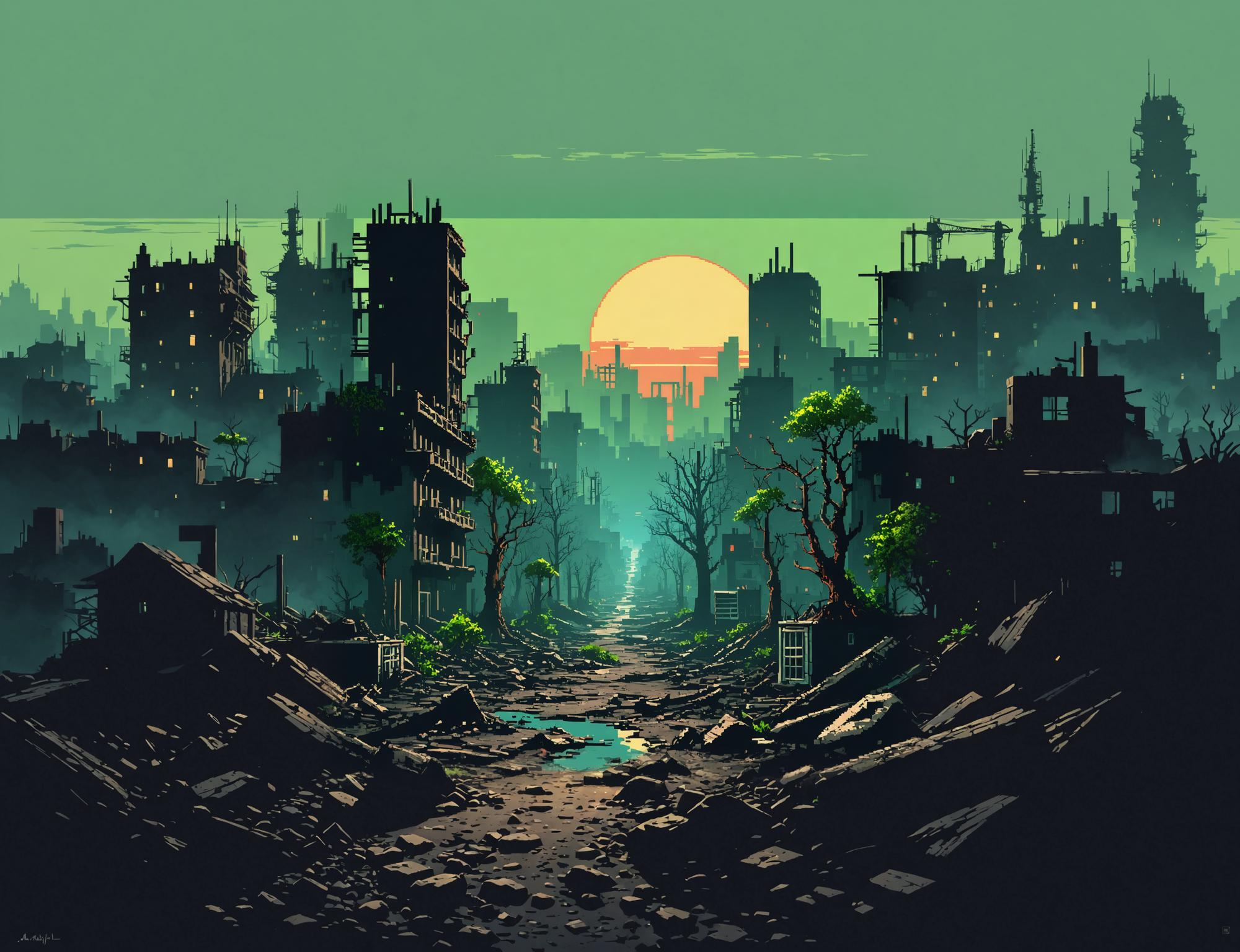 Discover the captivating world of AI-generated art with Stable Assistant's 'Zoom out' tool, where every pixel is meticulously crafted to extend your image's boundaries. This stunning scene showcases a post-apocalyptic cityscape bathed in the warm glow of a setting sun, highlighting the tool's ability to seamlessly blend elements and create immersive, expansive visuals.