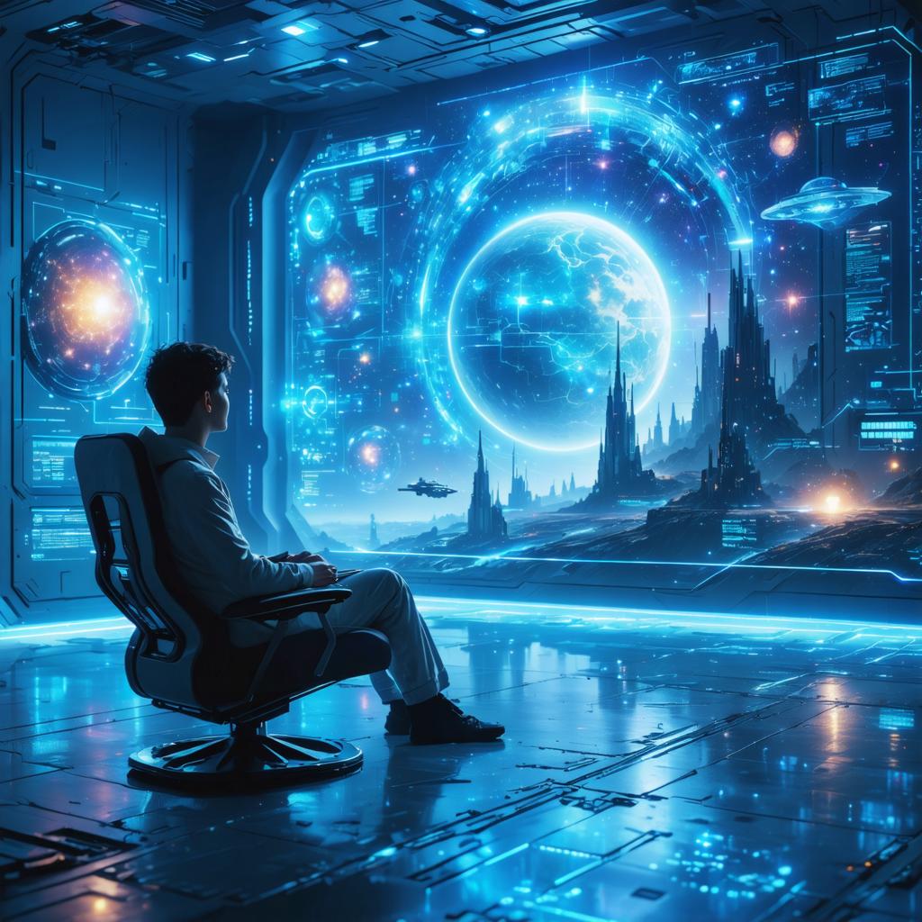 Discover the mesmerizing capabilities of Stable Diffusion Ultra image generator with this stunning sci-fi scene! This AI tool effortlessly crafts immersive, futuristic environments, as seen in this image featuring a lone figure in a high-tech command center, gazing at a holographic display of a distant planet and advanced cityscape. Perfect for showcasing the tool's ability to generate detailed, photorealistic visuals, this image is a testament to the power of Stable Diffusion Ultra in creating captivating digital art.