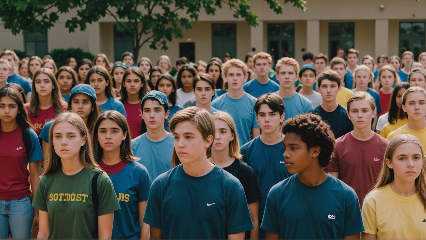 This image captures a diverse group of young people in a school setting, all wearing colorful T-shirts, with some displaying the word "SOTDOST" on their attire. The scene conveys a sense of unity and camaraderie among the students, highlighting the tool's ability to generate images with vibrant colors and clear details, ideal for SEO-optimized content that aims to attract a youthful audience.