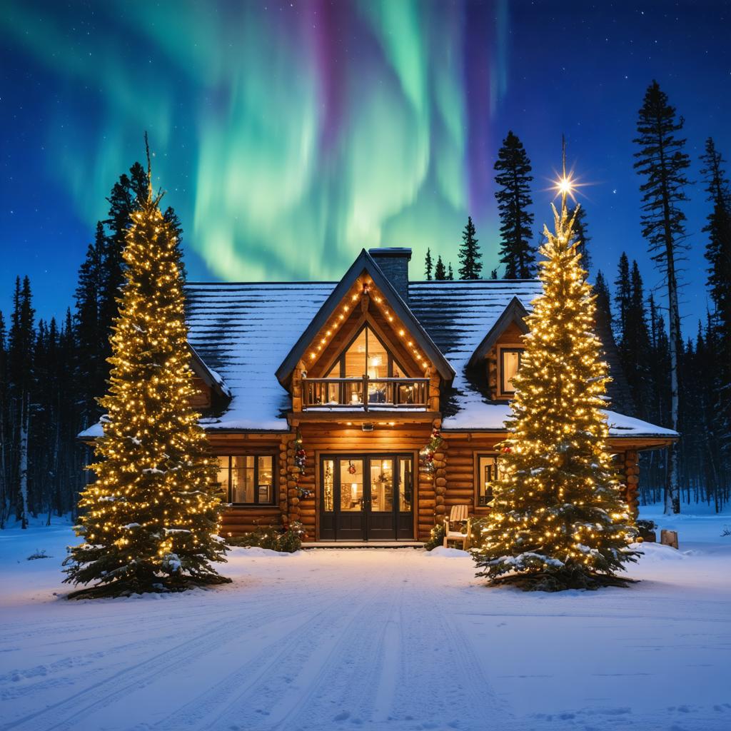 Embrace the magic of the holiday season with a captivating image generated by Stable Diffusion Ultra, showcasing a cozy log cabin nestled in a snowy forest, adorned with twinkling Christmas lights and framed by the enchanting dance of the Northern Lights overhead.