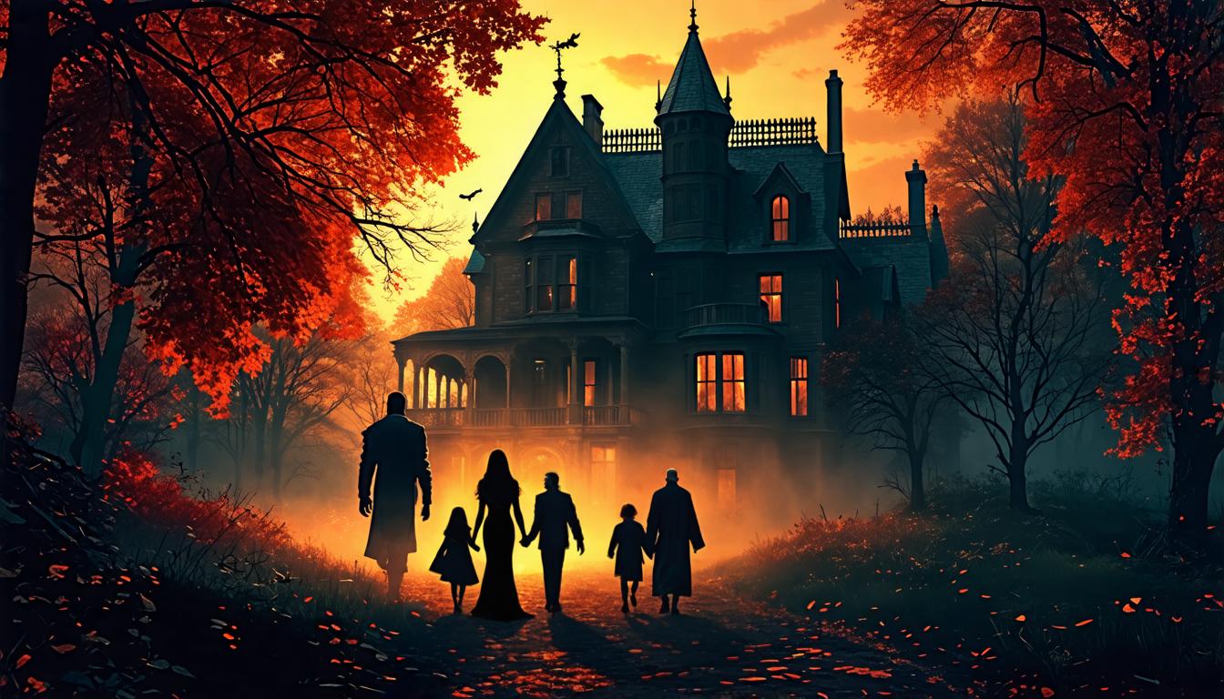 Questa immagine, creata utilizzando lo strumento 'Inpaint' di Stable Assistant, raffigura una famiglia di cinque persone sagomata contro il sfondo di una suggestiva villa vittoriana, circondata da una foresta autunnale con foglie arancioni vivide. La tiepida luce del tramonto avvolge la scena in una luce eterea, creando un senso di mistero e calore.
