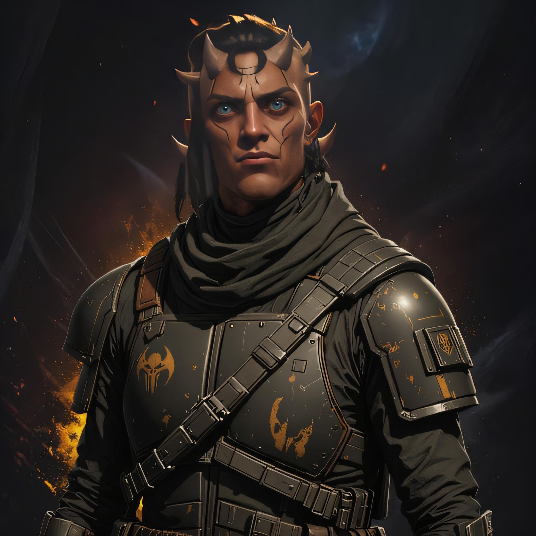 This image showcases a digitally rendered figure with a distinctive, sharp-featured face and horn-like protrusions, clad in a futuristic, armored suit. The suit is adorned with intricate designs and a glowing emblem, suggesting a character from a science fiction narrative. The figure stands against a backdrop of dynamic, fiery motifs, creating a striking contrast. This visual is the result of 'Inpaint,' a powerful AI media generation and editing tool that allows users to replace selected portions of an image with desired content, as indicated by the 'Replace what you select by what you want' capability.