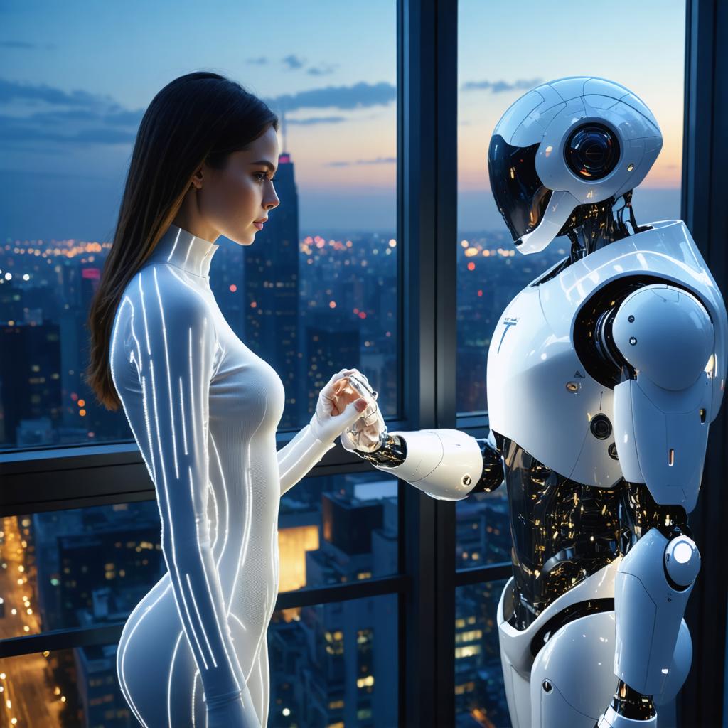 Découvrez les capacités de pointe de Stable Diffusion Ultra, générateur d'images AI. Cette scène futuriste met en vedette un robot humanoïde élégant en interaction avec une figure lumineuse et éclairée, sur un fond de paysage urbain époustouflant. Cette image met en valeur la capacité de l'outil à créer des images visuellement captivantes et hautement détaillées. Parfaite pour mettre en avant les technologies AI avancées et les possibilités créatives.