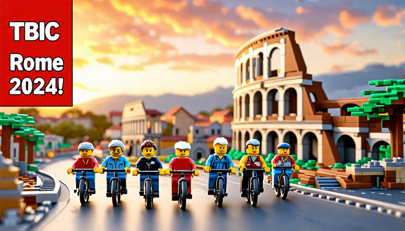 Experience the magic of 'Stable Diffusion Ultra image generator' with this vibrant scene featuring LEGO minifigures joyfully cycling past a miniature Colosseum under a sunset sky, captured with meticulous detail and color accuracy.