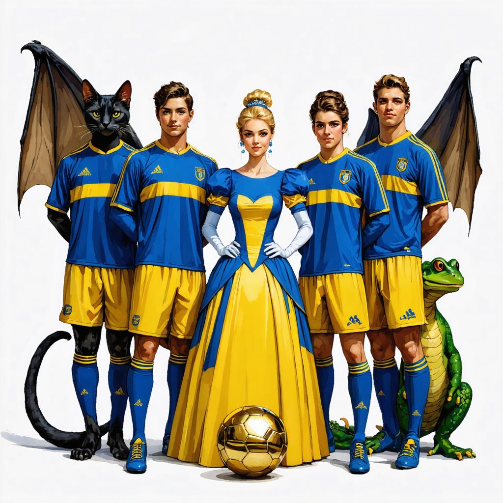 Discover the enchanting world of AI-generated art with Stable Diffusion Ultra image generator! This captivating image showcases a fantasy soccer team featuring a regal princess and mythical creatures, all seamlessly blended into a cohesive, vibrant scene. Experience the power of Stable Diffusion Ultra's advanced capabilities in creating unique, high-quality visuals that will leave you spellbound.