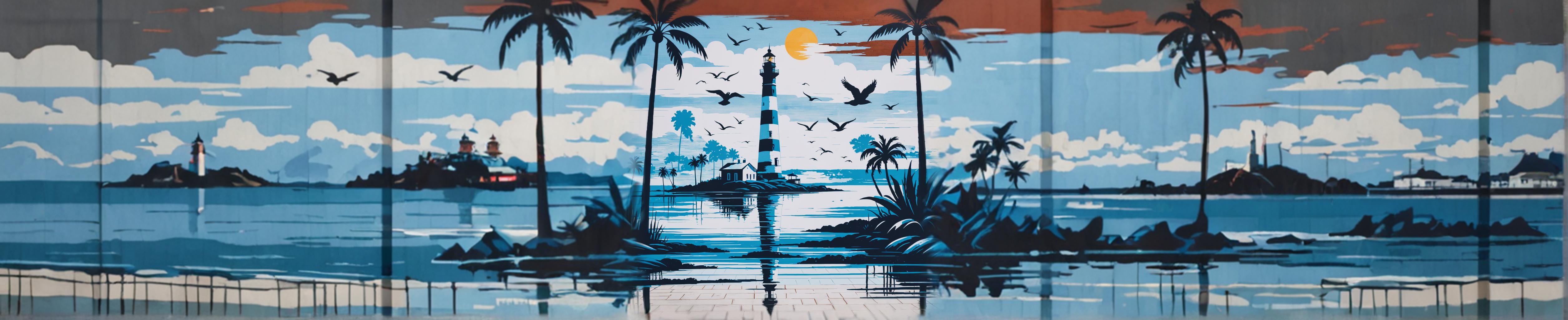 Scopri il fascinante mondo dell'arte digitale con lo strumento 'Zoom out' di Stable Assistant, che estende le tue immagini con dettagli mozzafiato. Questa immagine presenta una scena costiera serena con un faro, palme e un tramonto, dimostrando la capacità dello strumento di creare visive immersive e ampie.