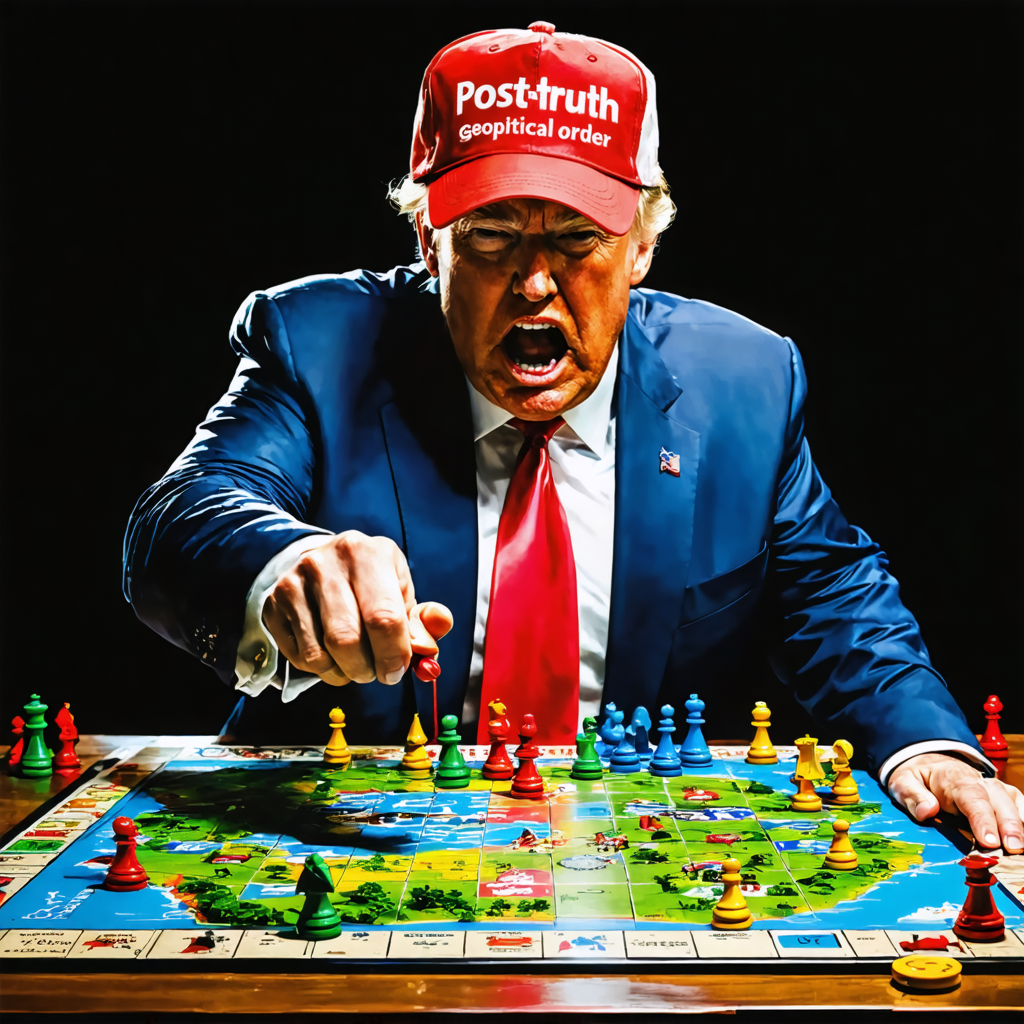 This captivating image showcases a man in a suit and red tie, intensely focused on a colorful board game, with a red cap emblazoned with "Post-truth Geopolitical order." The vivid colors and dynamic composition highlight the capabilities of the Stable Diffusion Ultra image generator, which effortlessly blends realistic elements with imaginative scenarios, making it a powerful tool for creative and engaging visual content creation.