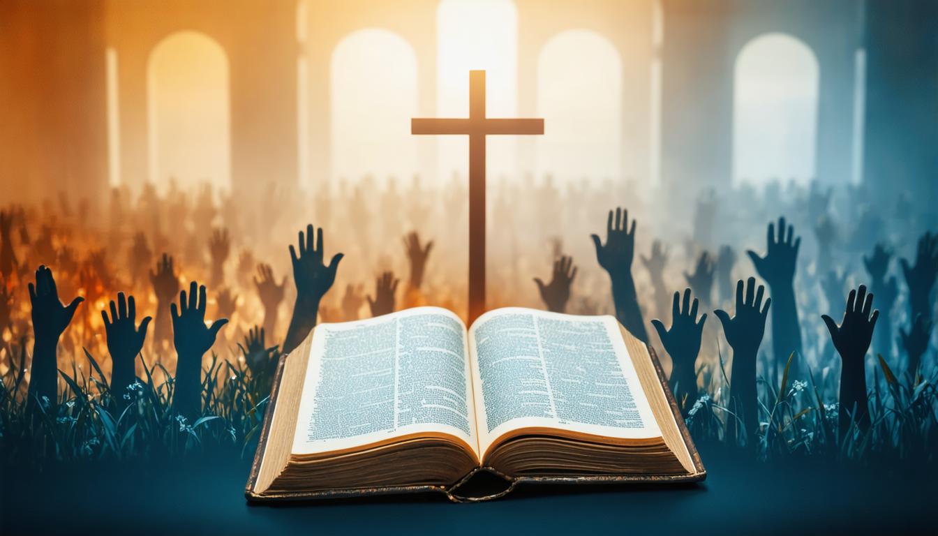 Discover the awe-inspiring capabilities of Stable Diffusion Ultra image generator with this stunning AI-generated image. Featuring a vibrant scene of a cross and open book surrounded by silhouetted hands, this powerful tool showcases its ability to create vivid, detailed, and emotionally evocative visuals. Perfect for capturing the essence of faith and community, this image demonstrates the tool's potential for generating compelling and meaningful content.