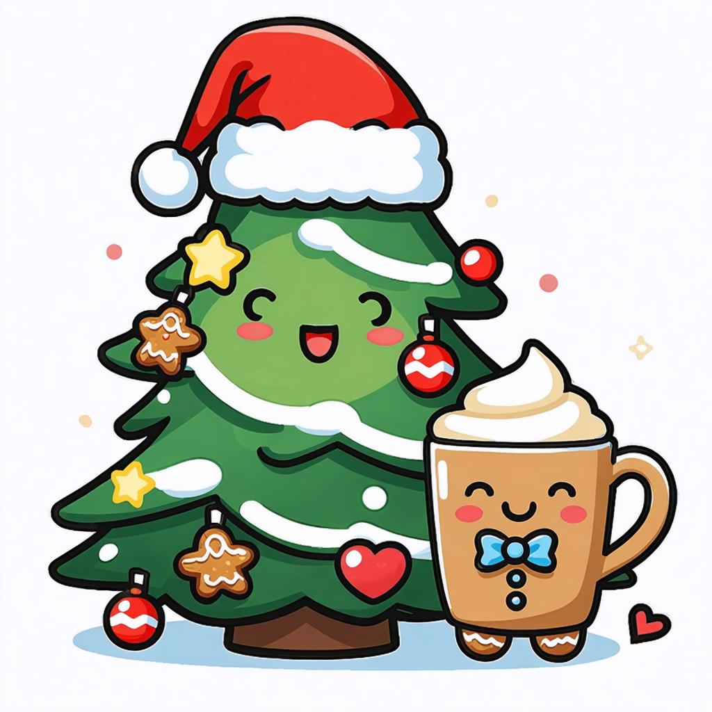 Questa immagine presenta un albero di Natale cartoonesco e fantasioso decorato con addobbi festivi e una tazza di cioccolata calda allegramente decorata con un gingerbread, entrambi che mostrano le capacità creative e giocose del generatore di immagini 'Stable Diffusion Ultra'.