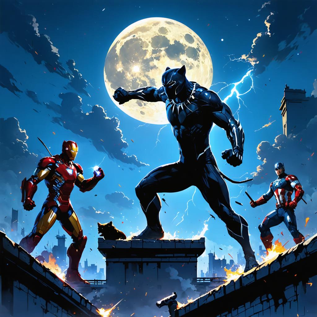 Experience the power of Stable Diffusion Ultra image generator with this stunning illustration of iconic superheroes poised for action under a dramatic moonlit sky. The vivid details and dynamic composition showcase the tool's ability to create high-quality, visually captivating images from your prompts, perfect for boosting your online presence and engaging your audience.