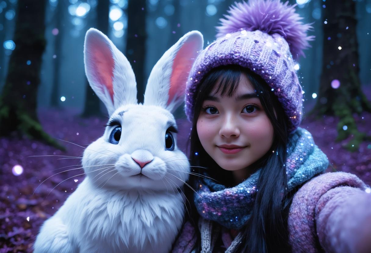 This enchanting image showcases a young woman and a lifelike white rabbit, both adorned with a magical, sparkling ambiance, suggesting a fantasy or dreamlike setting. The captivating scene, generated using the 'Stable Diffusion Ultra image generator', highlights the tool's prowess in creating vivid, imaginative visuals that can be used for various creative purposes, such as storytelling, branding, or digital art.