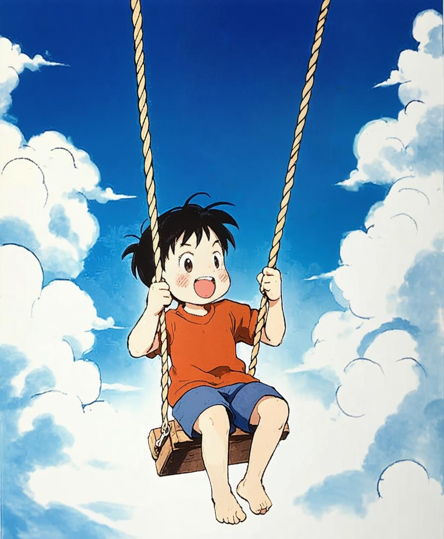 Dans l'image, un enfant joyeux est suspendu en l'air, balançant sur une corde avec un ciel bleu clair parsemé de nuages blancs et moelleux derrière lui. L'expression de l'enfant est celle d'un pur plaisir, comme s'il volait parmi les nuages. Cette image met en valeur la capacité de l'outil 'Effacer' à supprimer tous les éléments indésirables, laissant derrière une scène propre et vibrante qui capture l'essence de la liberté et de l'imagination de l'enfance.