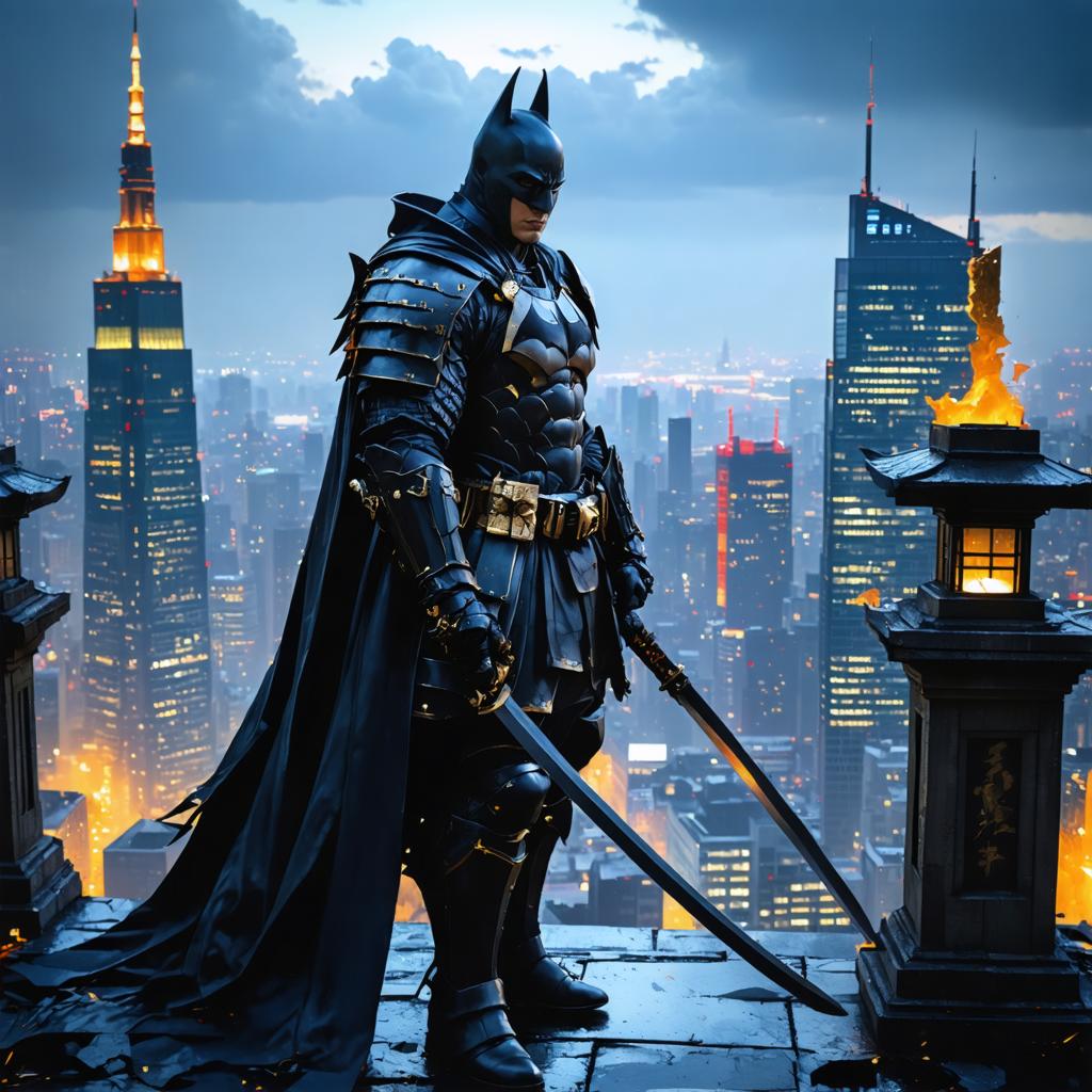 "Batman, standing atop a building in a cityscape at dusk, exudes a blend of ancient and modern with his medieval armor and the urban backdrop. The Stable Diffusion Ultra image generator masterfully captures this fusion, creating a striking visual that blends historical and contemporary elements, perfect for those seeking unique and high-quality image creations."