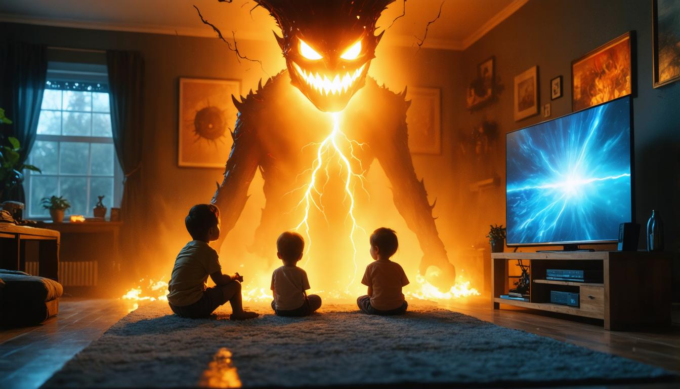 Discover the awe-inspiring capabilities of Stable Diffusion Ultra image generator with this captivating scene: three children mesmerized by a colossal, fiery creature emerging from a blazing inferno, while a modern TV displays a stormy, electrifying landscape. This image showcases the tool's ability to create vivid, dynamic, and imaginative visuals, perfect for storytelling and creative projects.