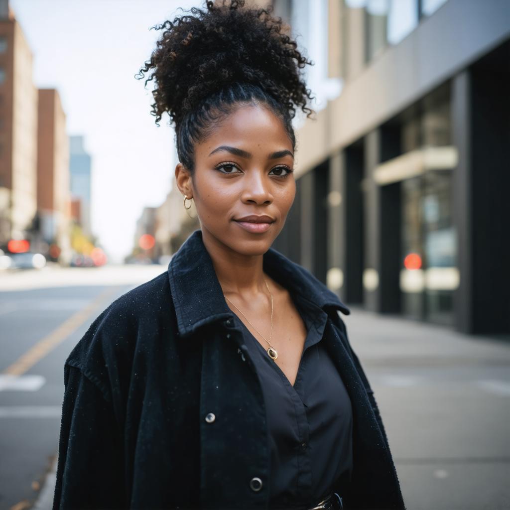 This is a portrait of a poised young woman with curly hair, captured in a cityscape. She's wearing a black blazer over a black top, accessorized with a delicate necklace and a subtle earring, standing confidently on the sidewalk. The image showcases the realistic and detailed rendering capabilities of 'Stable Diffusion Ultra image generator', which can create high-quality, photorealistic portraits.