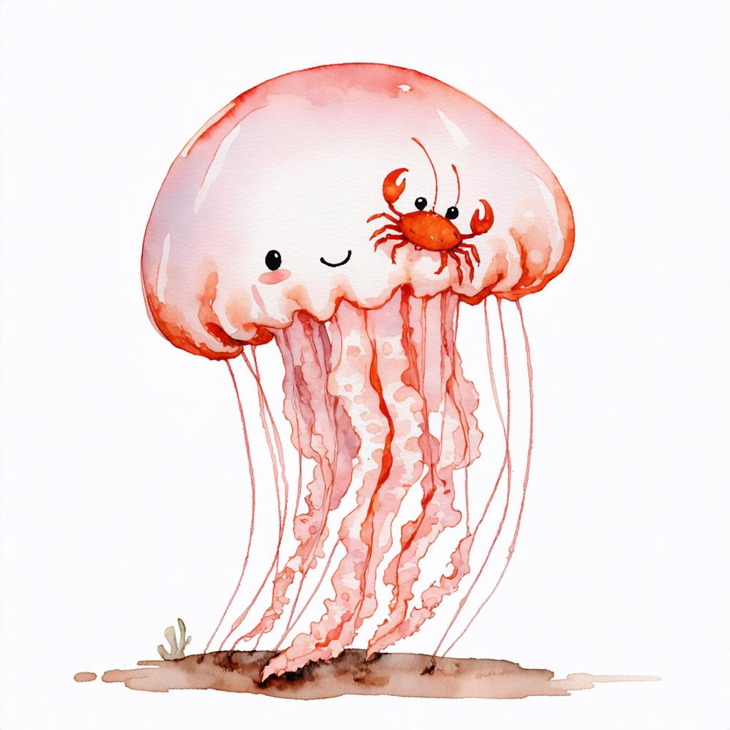 This whimsical watercolor illustration features a charming jellyfish with a simple, happy face, and a friendly crab perched on its top. The jellyfish's translucent, pinkish body and trailing tendrils are beautifully rendered, evoking the serene depths of the ocean. The crab, with its vivid red shell and expressive eyes, adds a touch of life to the scene. This image was created using the 'Stable Diffusion Ultra image generator,' a powerful tool that allows users to generate high-quality, personalized images with ease. With its intuitive interface and advanced features, the Stable Diffusion Ultra image generator is the perfect choice for anyone looking to create stunning visual content quickly and efficiently.
