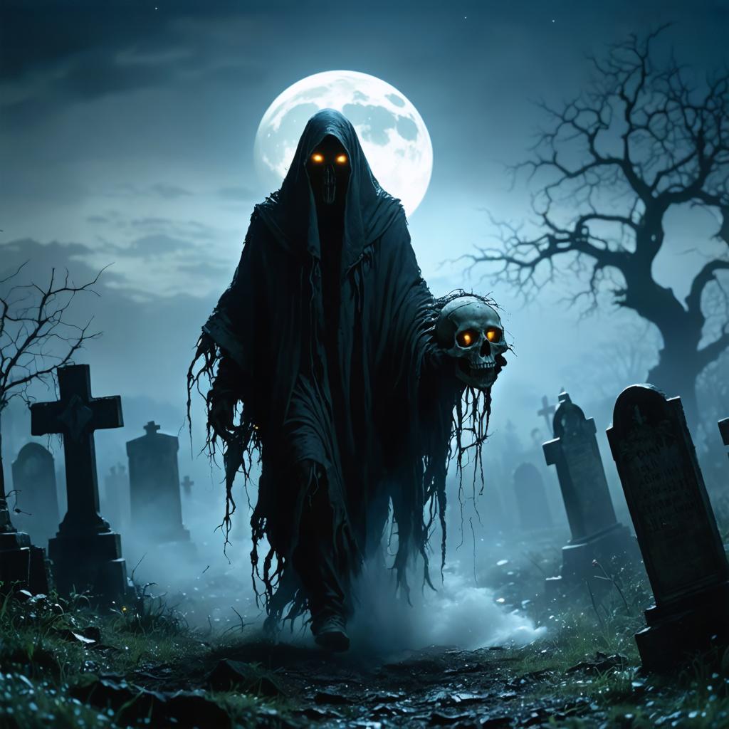 Discover the eerie and haunting power of Stable Diffusion Ultra image generator with this chilling scene: a spectral figure cloaked in darkness, holding a glowing skull, set against a moonlit graveyard. Experience the uncanny realism and creative possibilities of this AI tool, perfect for generating captivating and otherworldly visuals.