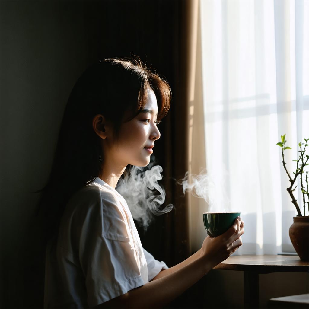 Découvrez la beauté apaisante de l'art généré par IA avec le générateur d'images Stable Diffusion Ultra. Cette image captivante représente une jeune femme qui sirote du thé près d'une fenêtre, avec une lumière naturelle douce et une délicate vapeur s'élevant de sa tasse. Parfaite pour mettre en valeur la capacité de l'outil à créer des scènes réalistes et émotionnellement évocatrices.