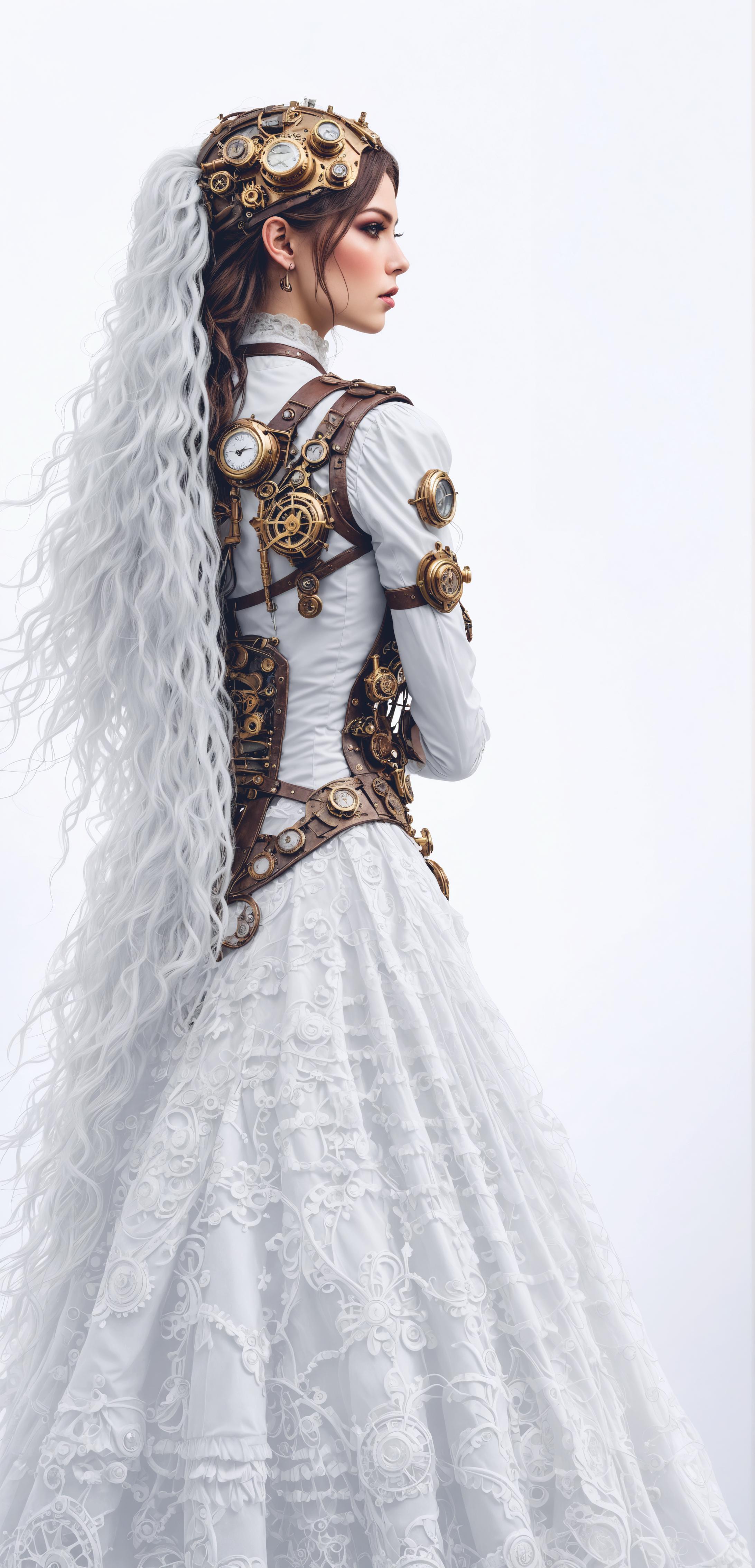 In the image, a woman exudes an air of elegance and steampunk charm, with her long white hair cascading down her back and a corseted top adorned with intricate gears and cogs. The white dress, rich in detail, complements the mechanical accessories, creating a fusion of Victorian fashion and industrial aesthetics. This image showcases the capabilities of 'Enhance', a web application that allows users to upscale their images with a creative twist, blending the past with the future in a captivating visual narrative.