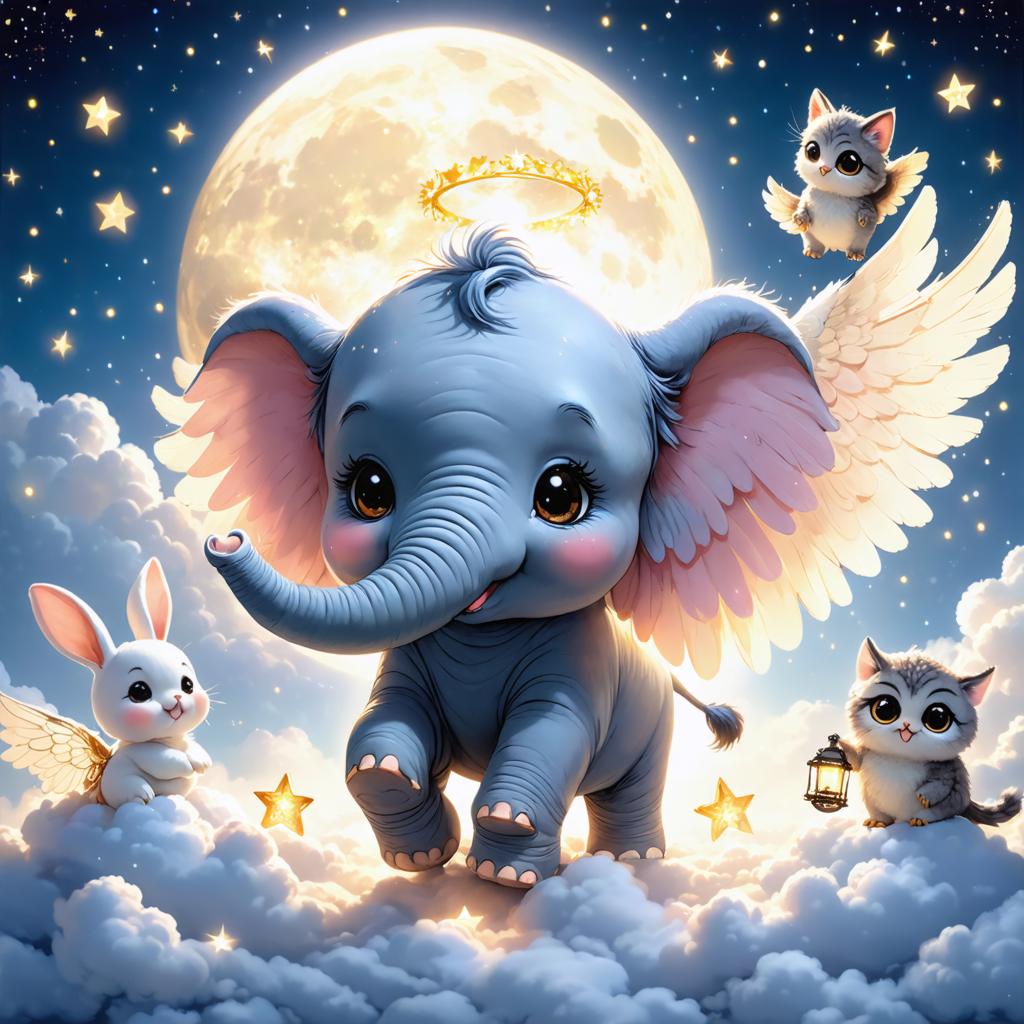 Scopri il mondo incantevole di Stable Diffusion Ultra, il generatore di immagini dove l'immaginazione non conosce limiti. Questa affascinante immagine presenta una scena fantastica con un adorabile elefante alato e gattini giocosi, tutto su uno sfondo sognante di stelle e una luna luminosa. Sperimenta la magia dell'arte generata da AI con Stable Diffusion Ultra, perfetto per creare visivi surreali e commoventi.