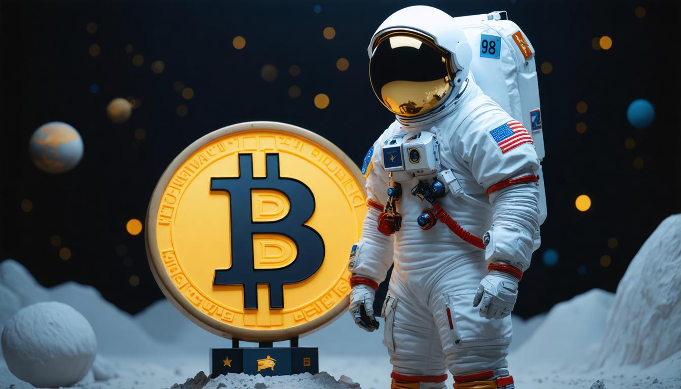 In the image, an astronaut stands beside a large, illuminated Bitcoin coin set against a backdrop of a cosmic scene with planets and stars, suggesting a futuristic concept. The astronaut's suit is detailed, and the coin has inscriptions, highlighting the 'Stable Diffusion Ultra image generator's' ability to create realistic and intricate visuals, blending space exploration with cryptocurrency themes.