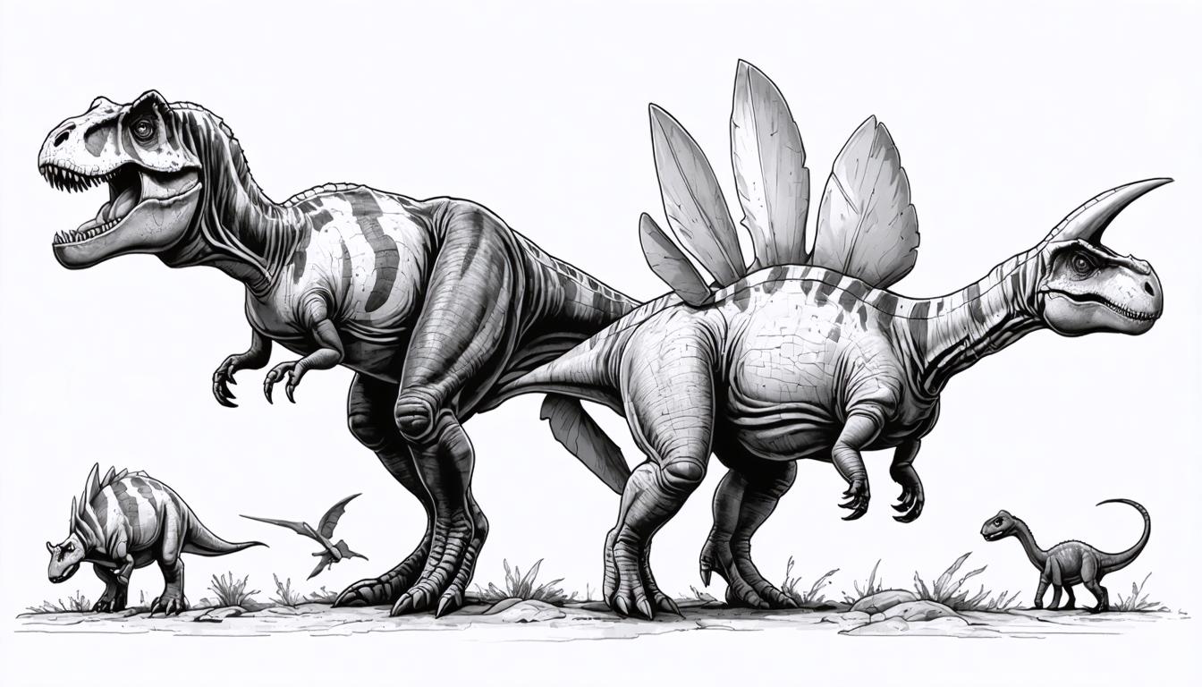 This black and white illustration showcases a trio of prehistoric creatures, a Tyrannosaurus rex, a Stegosaurus, and a smaller dinosaur, brought to life through the sophisticated 'Stable Diffusion Ultra image generator'. The tool's capability to create detailed, lifelike images is evident in the meticulous rendering of each dinosaur's textures and skeletal structures, demonstrating the power of AI media generation and editing.