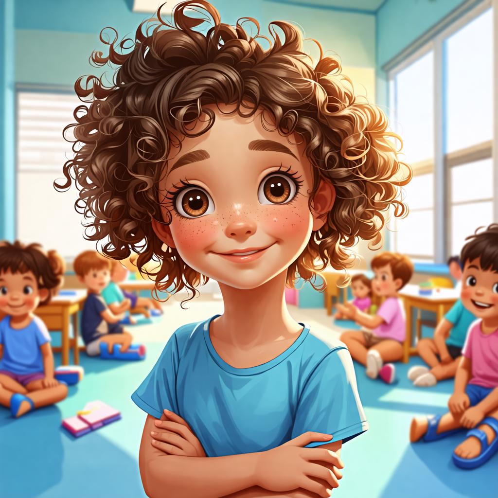 Questa vivace illustrazione mostra una giovane ragazza allegra con capelli ricci e lentiggini, in piedi con fiducia in una classe piena di bambini animati. L'espressione gioiosa della ragazza e l'ambientazione vivace della classe trasmettono un senso di divertimento e apprendimento, riflettendo le capacità del 'generatore di immagini Stable Diffusion Ultra' di creare illustrazioni coinvolgenti e dettagliate.
