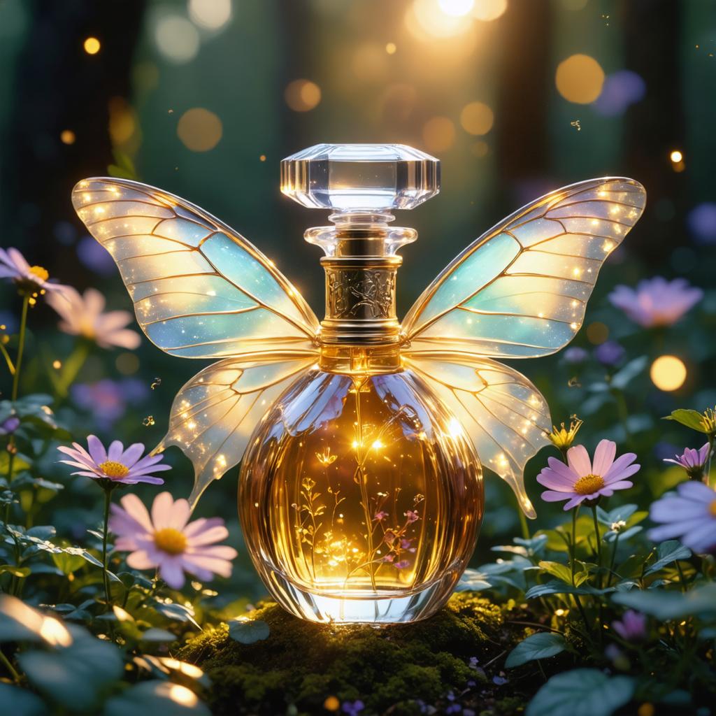 This enchanting image showcases a perfume bottle with butterfly wings, bathed in a warm, golden glow, set amidst a bed of vibrant wildflowers. The intricate details and ethereal lighting of the scene are brought to life by the 'Stable Diffusion Ultra image generator,' which seamlessly blends the organic beauty of nature with the artistry of digital creation.