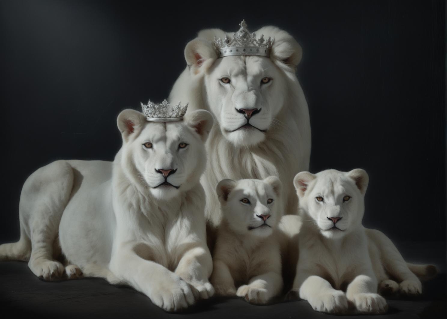 This image showcases a trio of majestic white lions, each adorned with regal crowns, captured in a dramatic, monochromatic setting. The lions' pristine white fur contrasts strikingly against the dark background, highlighting the 'Search and Recolor' tool's ability to enhance and recolor images to create visually stunning and SEO-optimized content.