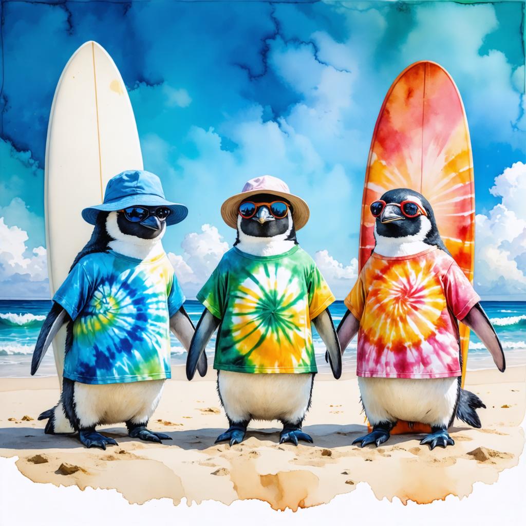 Scopri il vivace mondo dell'arte generata da AI con il generatore di immagini Stable Diffusion Ultra! Questa immagine affascinante ritrae tre pinguini su una spiaggia, ciascuno vestito con camicie a tinta unita colorata e occhiali da sole alla moda, mescolando perfettamente creatività e fantasia. Sperimenta il potere di Stable Diffusion Ultra nella creazione di visivi unici e accattivanti che si distinguono nel panorama digitale.