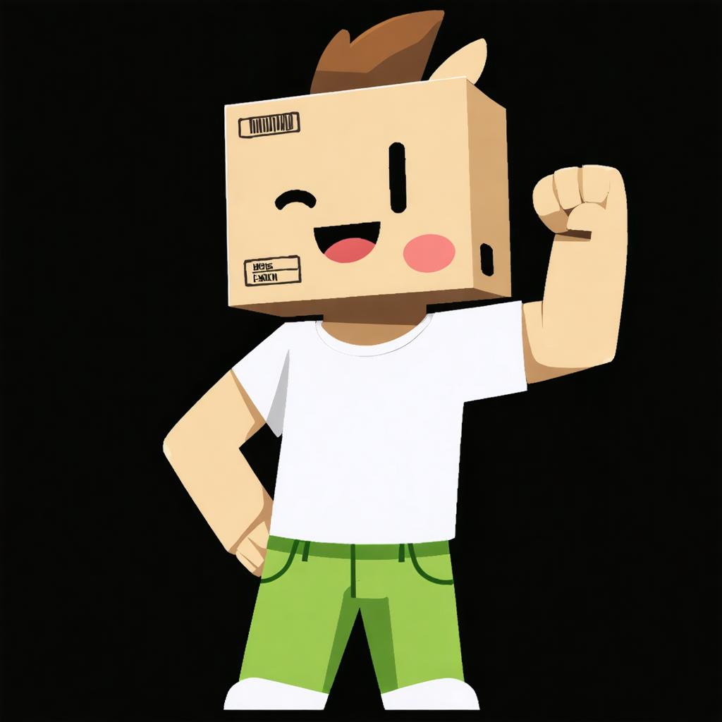 This image features a cartoon character with a cardboard head, wearing a white T-shirt and green pants, flexing its arm with a confident smile. The character appears to be a product of the 'Stable Diffusion Ultra image generator', showcasing its ability to create unique and whimsical characters with a blend of simplicity and charm.