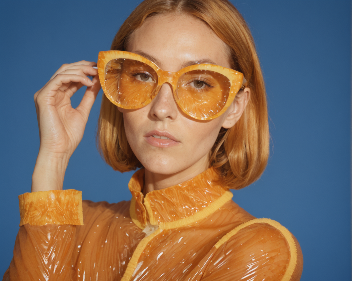 This image showcases a woman with striking orange hair and an outfit that matches her vibrant locks. She's wearing unique, translucent orange sunglasses that perfectly blend with her attire, giving off a chic and modern vibe. The image was generated using Stable Assistant's 'New Image with Same Style' tool, which allows users to create new images that follow the style of the original, making it a must-try for those looking to explore creative media generation.