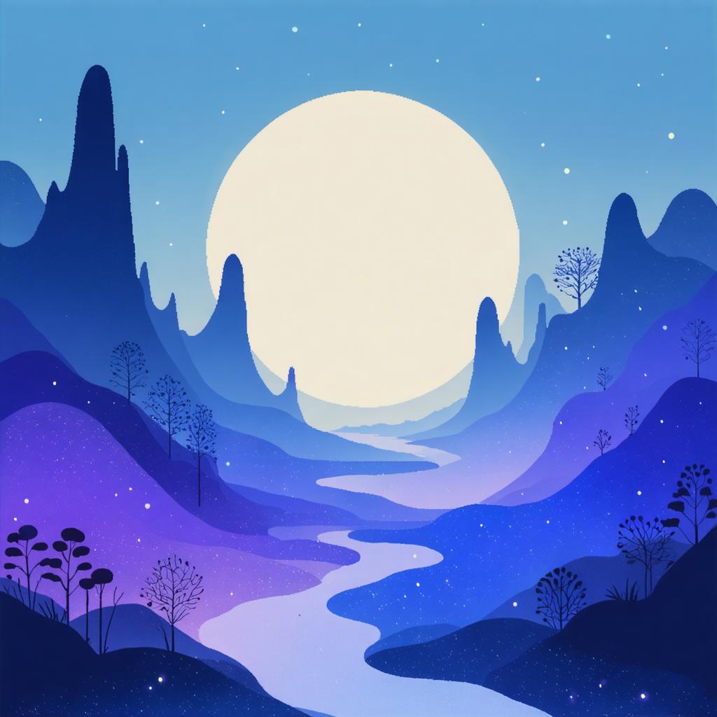 Embrace the serene beauty of a nocturnal landscape, created with the precision of 'Stable Diffusion Ultra image generator'. This tool masterfully blends celestial elements with earthly forms, conjuring a captivating scene of mountains under a moonlit sky, cradled by a winding river, and dotted with starry skies and silhouetted trees. The image is a testament to the generator's ability to produce vivid, dreamlike visuals that capture the essence of nature's tranquility.