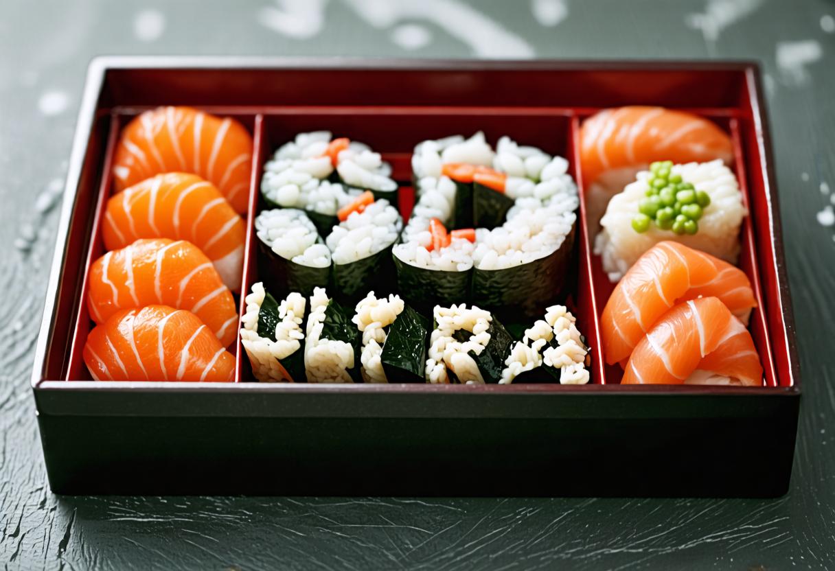 This image showcases a beautifully arranged sushi bento box, featuring a variety of sushi rolls and nigiri sushi, presented in a traditional Japanese bento tray. The sushi pieces are meticulously crafted, highlighting the precision and artistry that can be achieved using the 'Stable Diffusion Ultra image generator'. This tool allows users to create stunning, realistic images that are perfect for showcasing culinary delights or any other subject matter with remarkable detail and clarity.