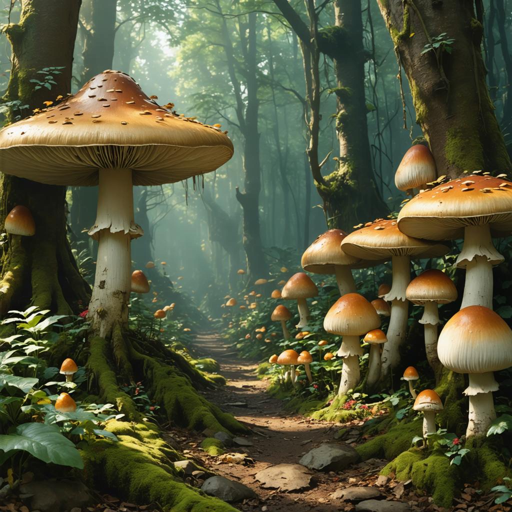 Cette image envoûtante, créée avec le générateur d'images 'Stable Diffusion Ultra', met en scène un sentier mystique dans une forêt bordé de champignons géants aux couleurs vibrantes, allant des blancs doux aux oranges profonds, baignés dans une lumière douce et éthérée qui filtre à travers la cime des arbres. La végétation luxuriante et les arbres recouverts de mousse créent une atmosphère surréaliste, invitant les spectateurs à explorer les merveilles de la nature sublimées par la créativité de l'IA.