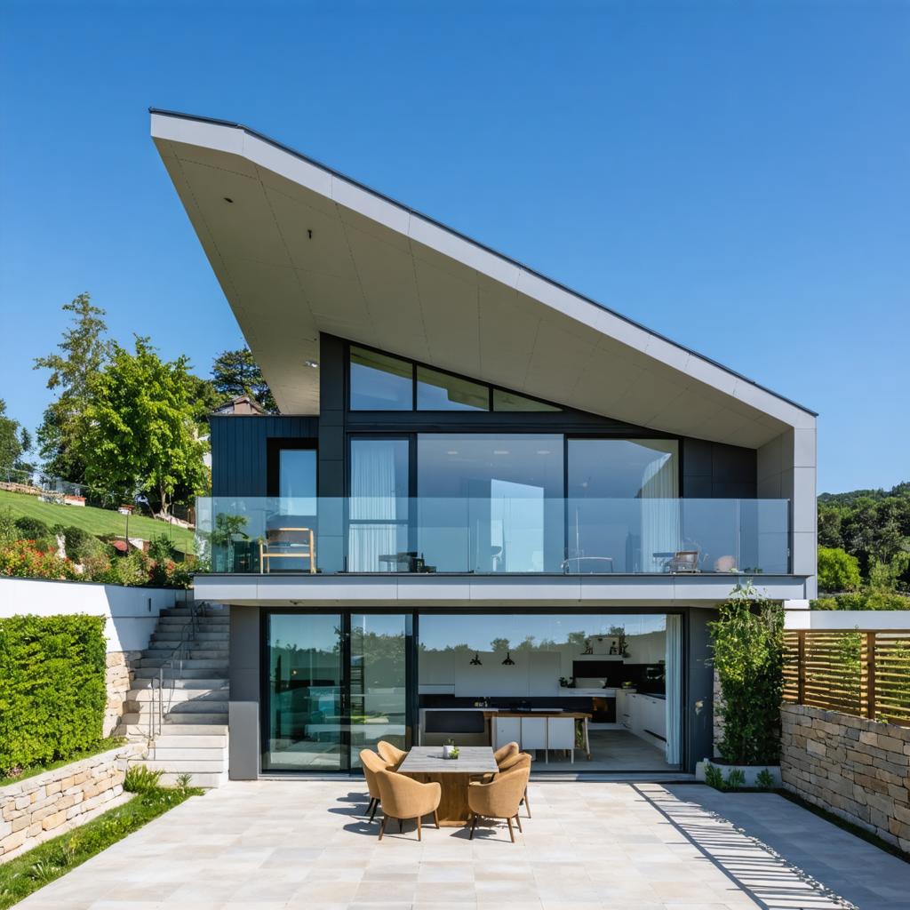 This image showcases a modern, two-story house with a large glass facade, set against a backdrop of a clear blue sky. The structure features a sleek, cantilevered roof and an expansive balcony with a glass railing, offering a panoramic view of the surrounding landscape. The outdoor area is adorned with a contemporary dining set, inviting one to enjoy the tranquility of the environment. The house is nestled amidst lush greenery, highlighting the seamless integration of nature and architecture. This striking visual is a product of the 'Stable Diffusion Ultra image generator,' a powerful tool that allows users to create realistic and detailed images with ease. Its advanced capabilities enable the generation of high-quality, lifelike scenes that can be tailored to specific prompts, making it an ideal choice for both personal and professional projects.