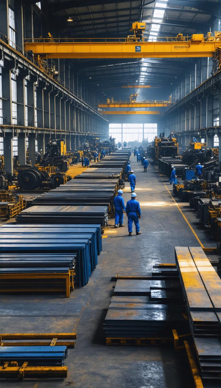 This image showcases a bustling industrial setting, featuring workers in blue uniforms and large stacks of metal bars within a spacious factory. The overhead cranes and well-lit environment suggest a focus on efficiency and productivity. The scene is generated using the 'Stable Diffusion Ultra image generator,' a powerful tool capable of creating realistic and dynamic industrial scenes, ideal for showcasing the capabilities of modern manufacturing processes.