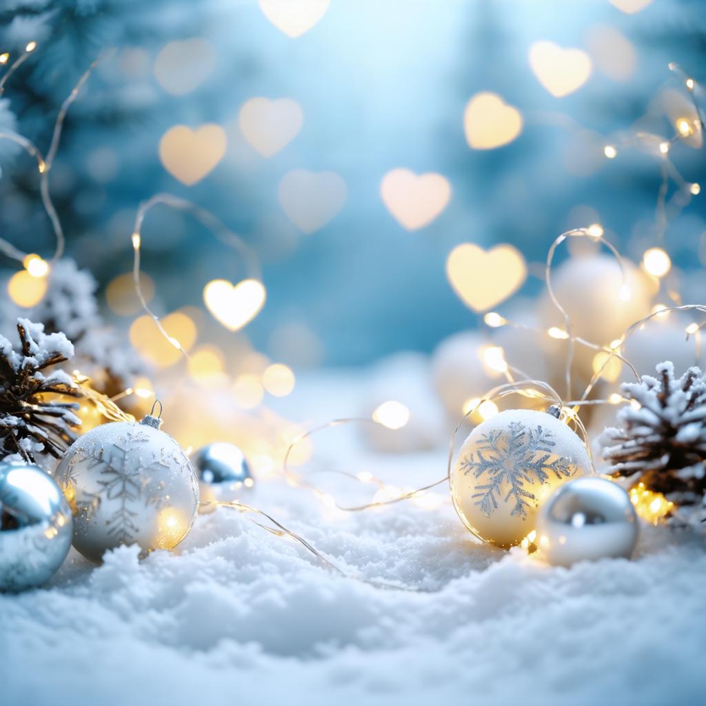 This image, created with the 'Stable Diffusion Ultra image generator', features a festive winter scene with snow-covered decorations including pine cones and baubles, accentuated by warm string lights that create a bokeh effect of heart shapes in the background. The tool's capabilities are showcased through its ability to generate detailed and visually appealing images that evoke a sense of warmth and holiday cheer.