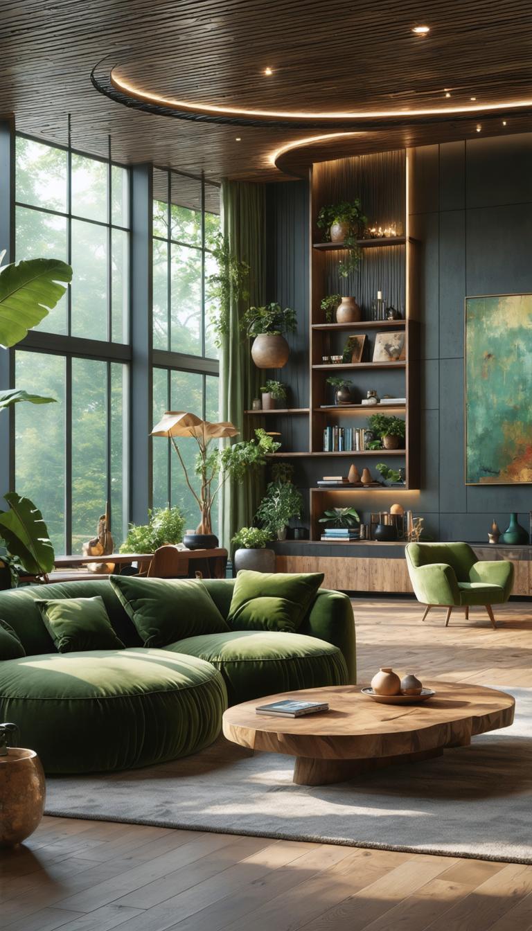Cette image présente un salon moderne avec un grand canapé incurvé recouvert d'un velours vert riche, entouré d'une variété de plantes en pots et de livres, le tout sous un plafond incurvé et chaud avec des spots encastrés. La conception de la pièce met en valeur les capacités du générateur d'images 'Stable Diffusion Ultra', capable de créer des designs d'intérieur visuellement attrayants et réalistes, soulignant la capacité du logiciel à générer des images de haute qualité et détaillées pour diverses applications.