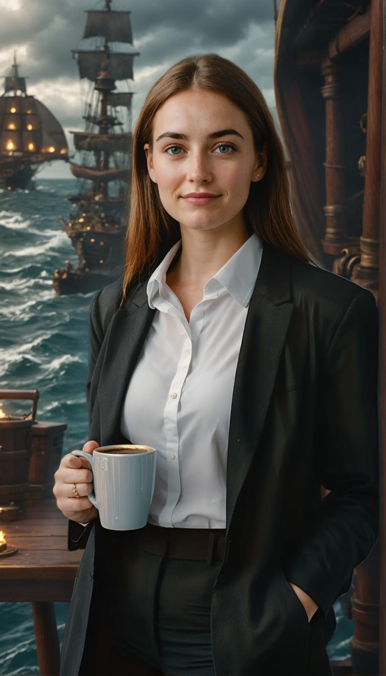 In this striking image, a poised woman stands before a backdrop of a dark, stormy sea with ships, her attire suggesting a professional setting. The seascape, once a natural backdrop, has been transformed into a vivid scene through the 'Replace Background' tool of Stable Assistant, showcasing the application's ability to seamlessly integrate different environments into a single image.