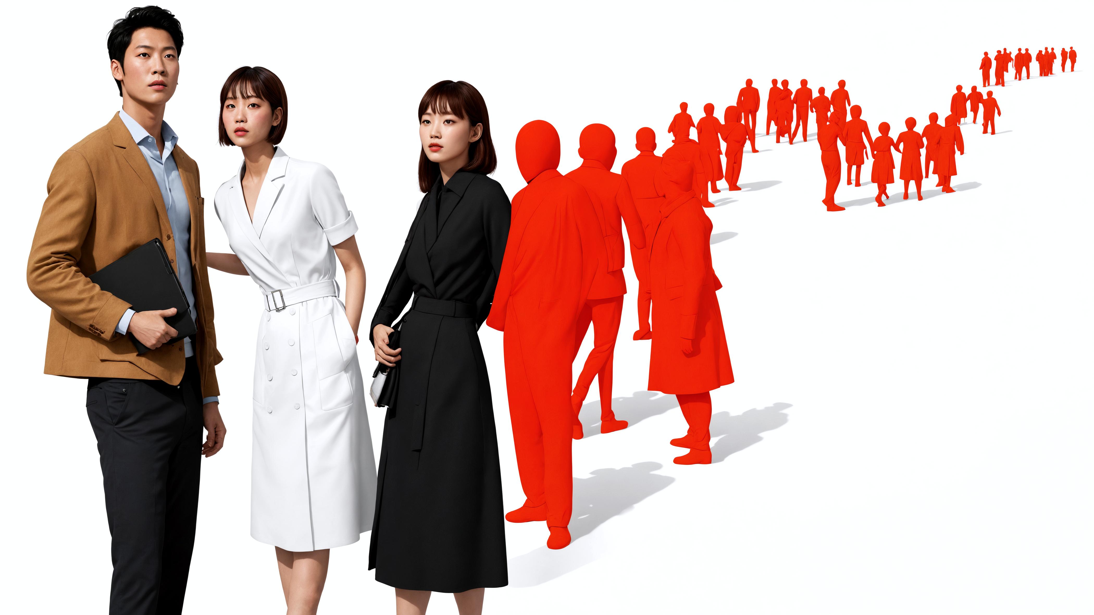 L'immagine presenta una trio di individui eleganti in abiti professionali che si trovano davanti a una fila di silhouette rosse vivide, che sembrano allontanarsi nel lontano, creando un senso di profondità e prospettiva. Questa composizione impressionante è il risultato di 'Enhance', un'applicazione web che offre uno strumento di ingrandimento con un tocco creativo, ideale per migliorare le immagini con un tocco artistico.