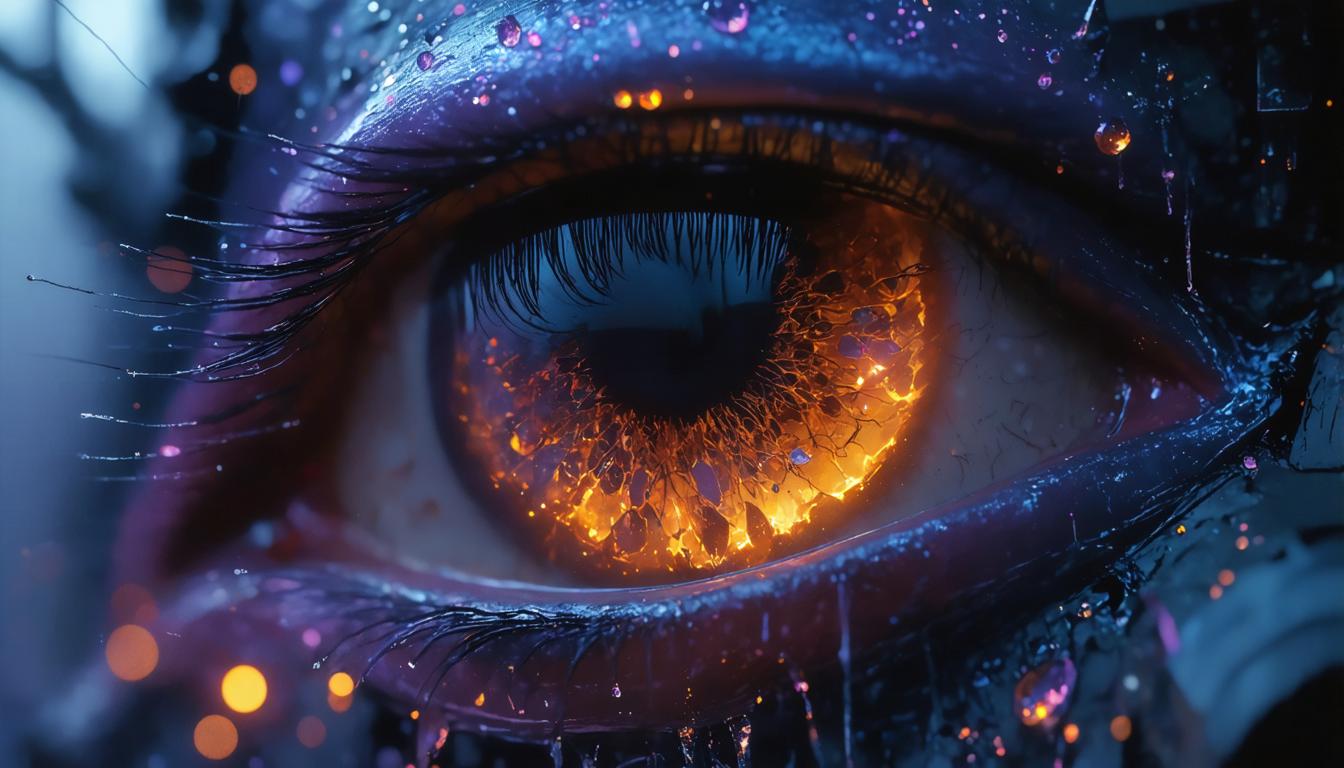 This close-up image showcases a human eye, with the iris radiating a striking blend of warm orange and cool blue hues, creating a captivating and surreal effect. The surrounding skin is adorned with shimmering particles, adding a touch of whimsy to the composition. This digital art masterpiece is a testament to the capabilities of 'Stable Diffusion Ultra image generator,' which allows users to create unique and visually stunning images through its innovative tools and features.