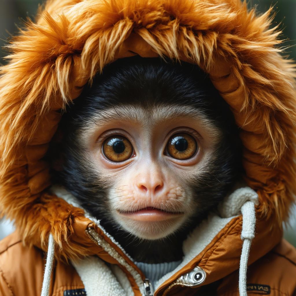 This captivating image features a baby monkey donning a vibrant orange fur hoodie, its curious eyes gazing directly at the viewer, evoking a sense of innocence and wonder. The image showcases the Stable Diffusion Ultra image generator's ability to create realistic and detailed AI-generated media, highlighting its potential for various applications such as wildlife photography, virtual characters, and more.