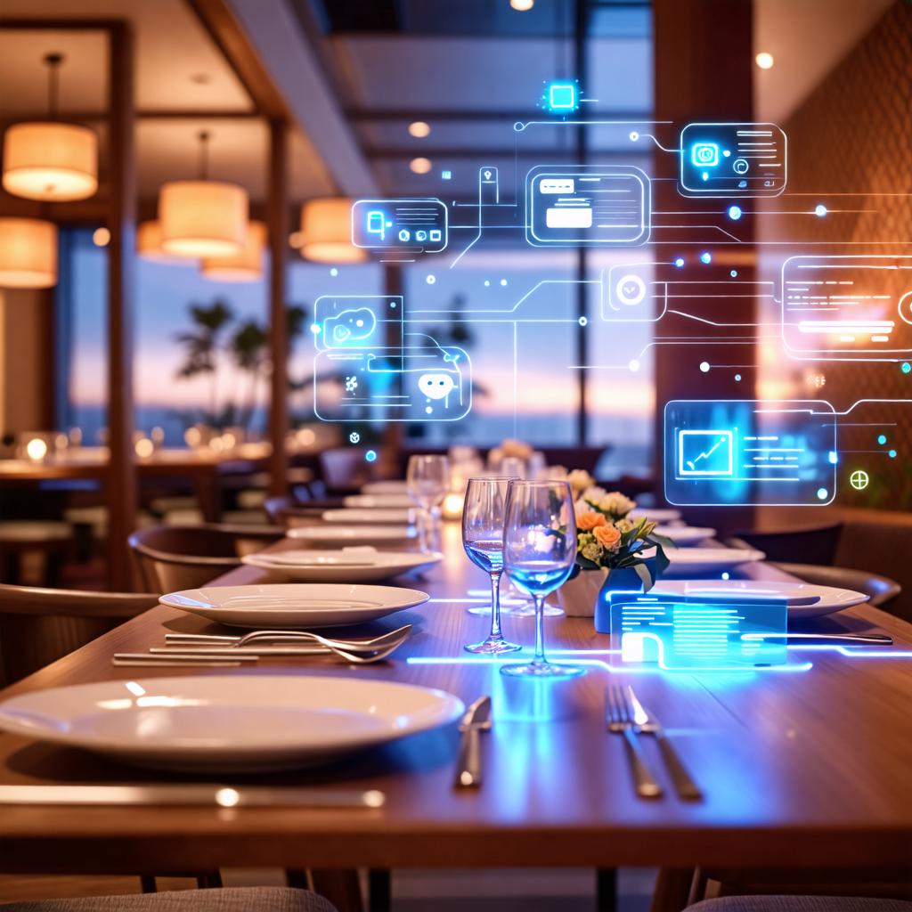This image showcases a modern dining scene with a futuristic twist, featuring a table set for a meal with a unique overlay of digital, interconnected icons and graphics, suggesting a blend of technology and dining. The 'Stable Diffusion Ultra image generator' has been used to create this innovative visual, which highlights the tool's capability to merge different elements seamlessly, making it an ideal choice for those seeking to infuse their content with a touch of cutting-edge design.