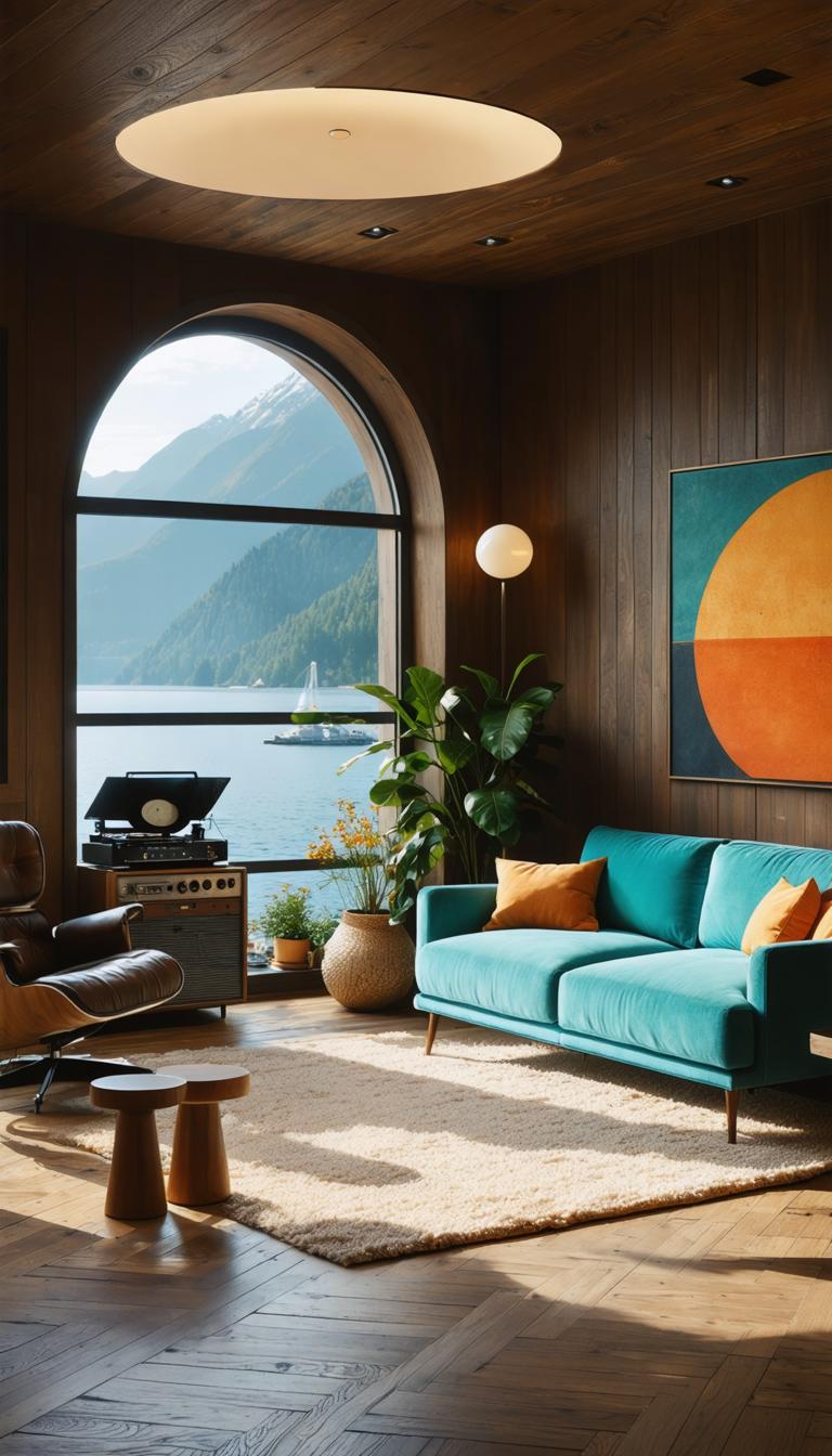 Cette image met en scène un salon accueillant offrant une vue spectaculaire sur un lac de montagne à travers une grande fenêtre en arcade. La pièce présente un canapé moderne turquoise, un fauteuil d'époque milieu du siècle et un tourne-disque vintage, tous rehaussés de tons bois chaleureux et d'un grand tableau abstrait au mur. L'éclairage est mis en valeur par une lampe de plafond unique et une lampe de sol, créant une atmosphère accueillante et élégante.