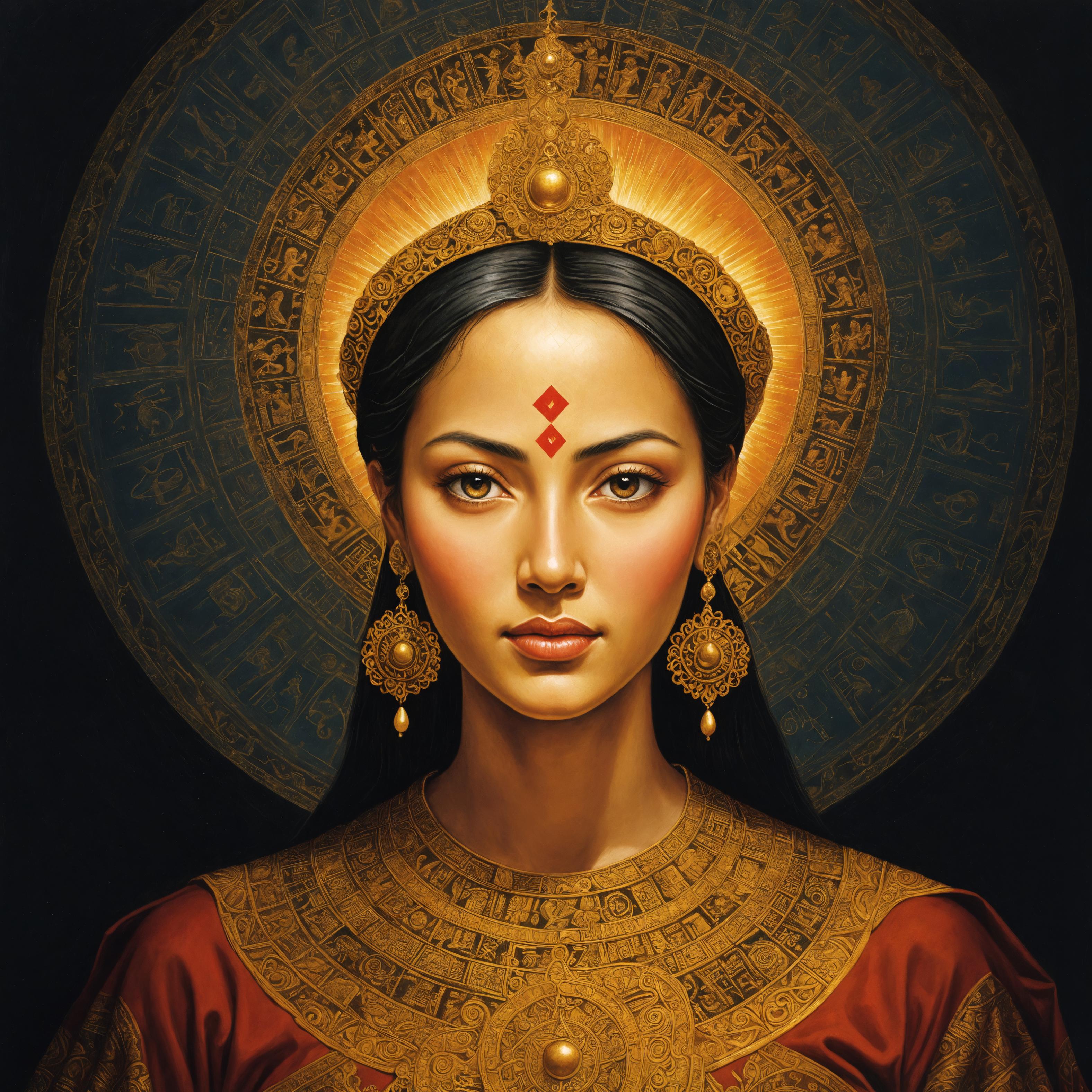This is a digital art portrait of a woman with a radiant halo, showcasing the 'Enhance' tool's ability to upscale images with a creative twist. The image features intricate golden jewelry and a detailed halo with celestial motifs, emphasizing the tool's capacity for enhancing details and adding artistic elements to photographs.