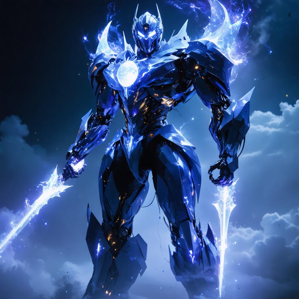 Cette image met en scène une figure futuriste et blindée, illuminée par une lueur bleue, sur un fond de ciel crépusculaire. La figure tient une épée translucide, dégageant une aura de puissance et de technologie. Le générateur d'images 'Stable Diffusion Ultra' est mis en avant pour sa capacité à créer des visuels vifs et de haute qualité, idéaux pour l'art digital et la production de médias, avec une attention particulière portée au contenu généré par IA qui peut être personnalisé pour diverses applications.